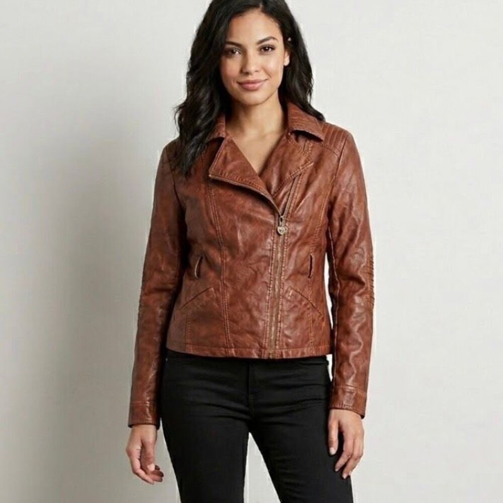 Y2k biker vegan leather grunge guess heart pull zipper bomber enforced elbows we